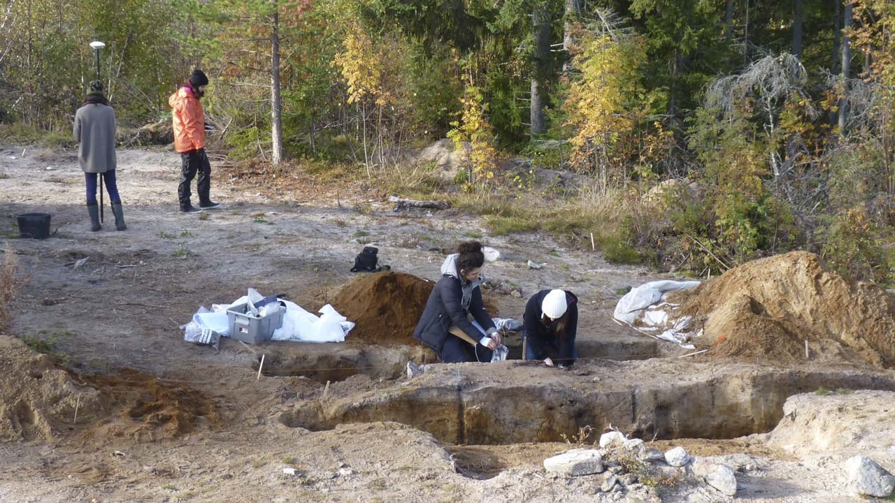 Master students of environmental archaeology excavating a cooking pit feature on a Stone Age to Bronze Age site at Klabböle in the North of Sweden