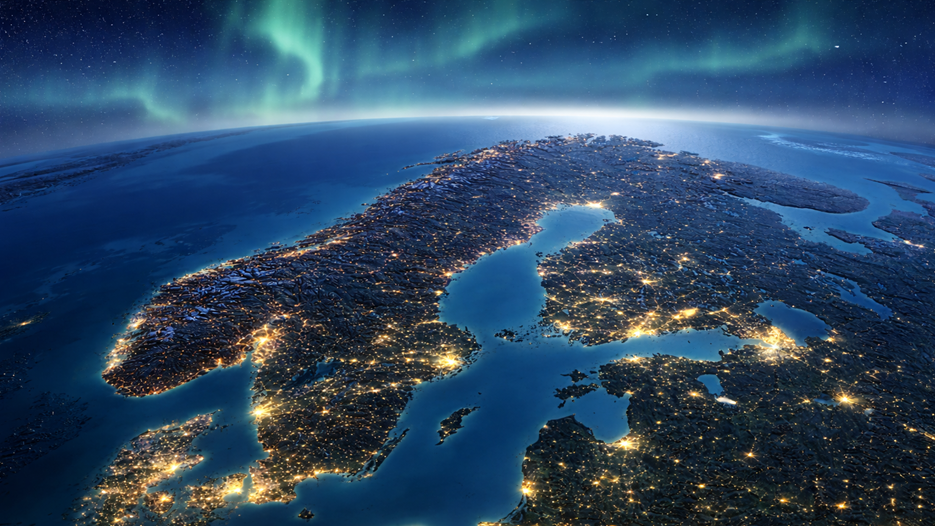 Satelitbild över norden nattetid. 