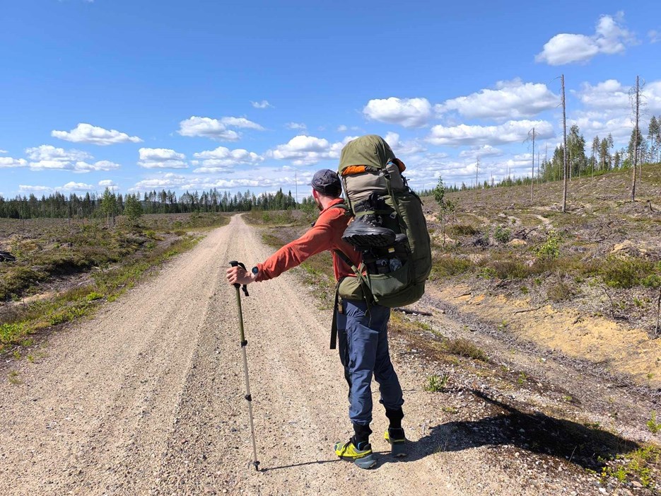 A man encountering a large clearing on the UKK trail, outside Hyrynsalmi