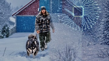 AI genererad bild av Anngelica Kristoferqvist utifrån Till Darlins original fotat i Norge som visar en man med en hund som går nedför en ladgårdsbrygga i snöoväder. 