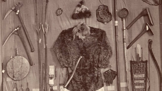 Chukchi objects from the Vega expedition during the Vega exhibition, a public exhibition held in the old premises of the Royal Library, in the north-east wing of the Royal Palace in Stockholm in 1880.