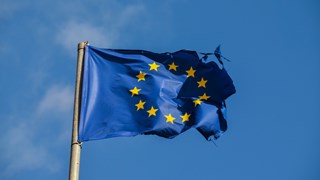 Närbild på EU:s flagga som vajar mot en himmel