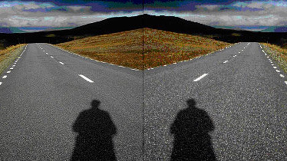 Shadow of a person falls on a asphalt road leading away from the person.