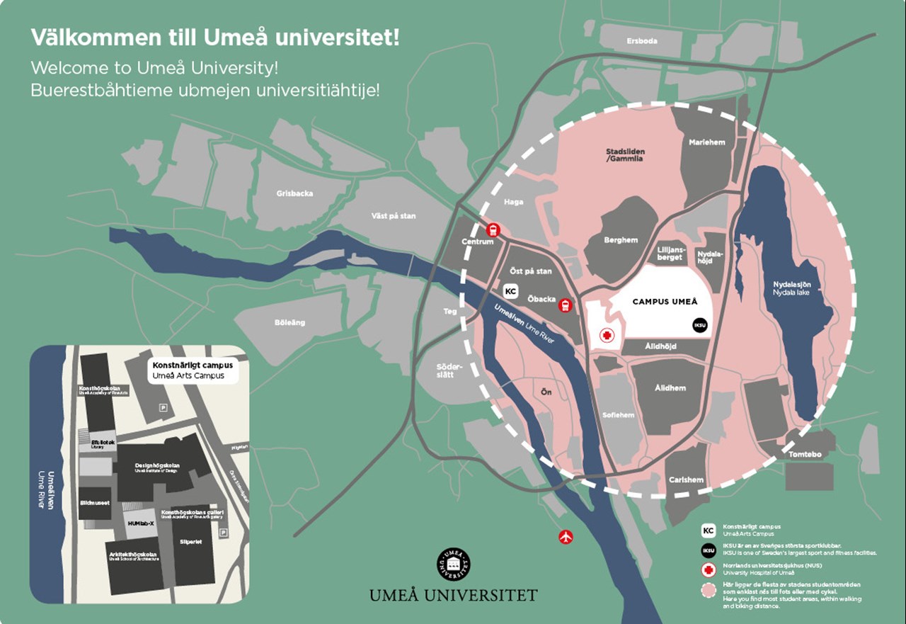 Bild på karta över Konstnärligt campus och campusområdenas placering i Umeå stad.