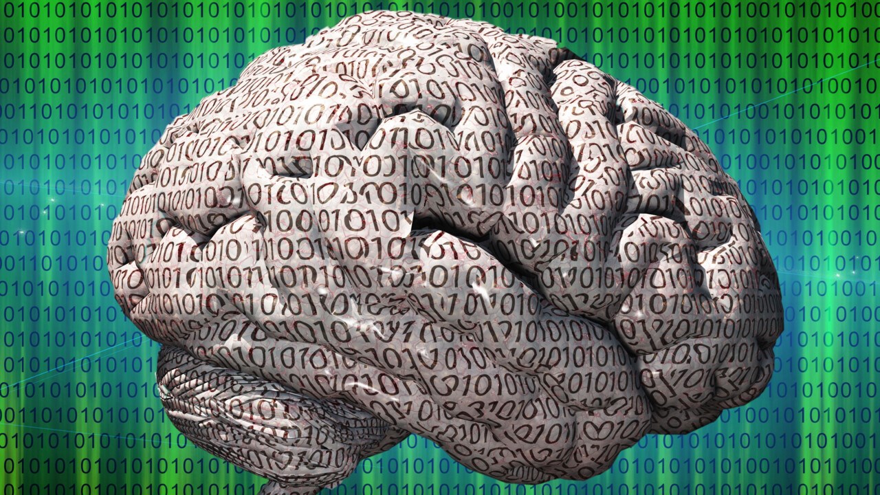 Illustration på en hjärna med binär kod i sig och omkring sig. Kan illustrera artificiell intelligens.