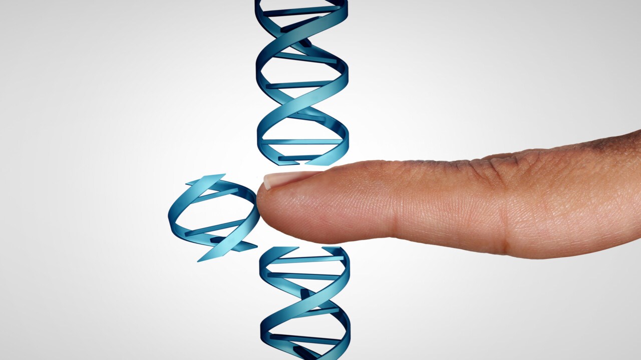 CRISPR-tekniken illustrerad med ett finger som petar ur en sekvens från DNA-spiral.
