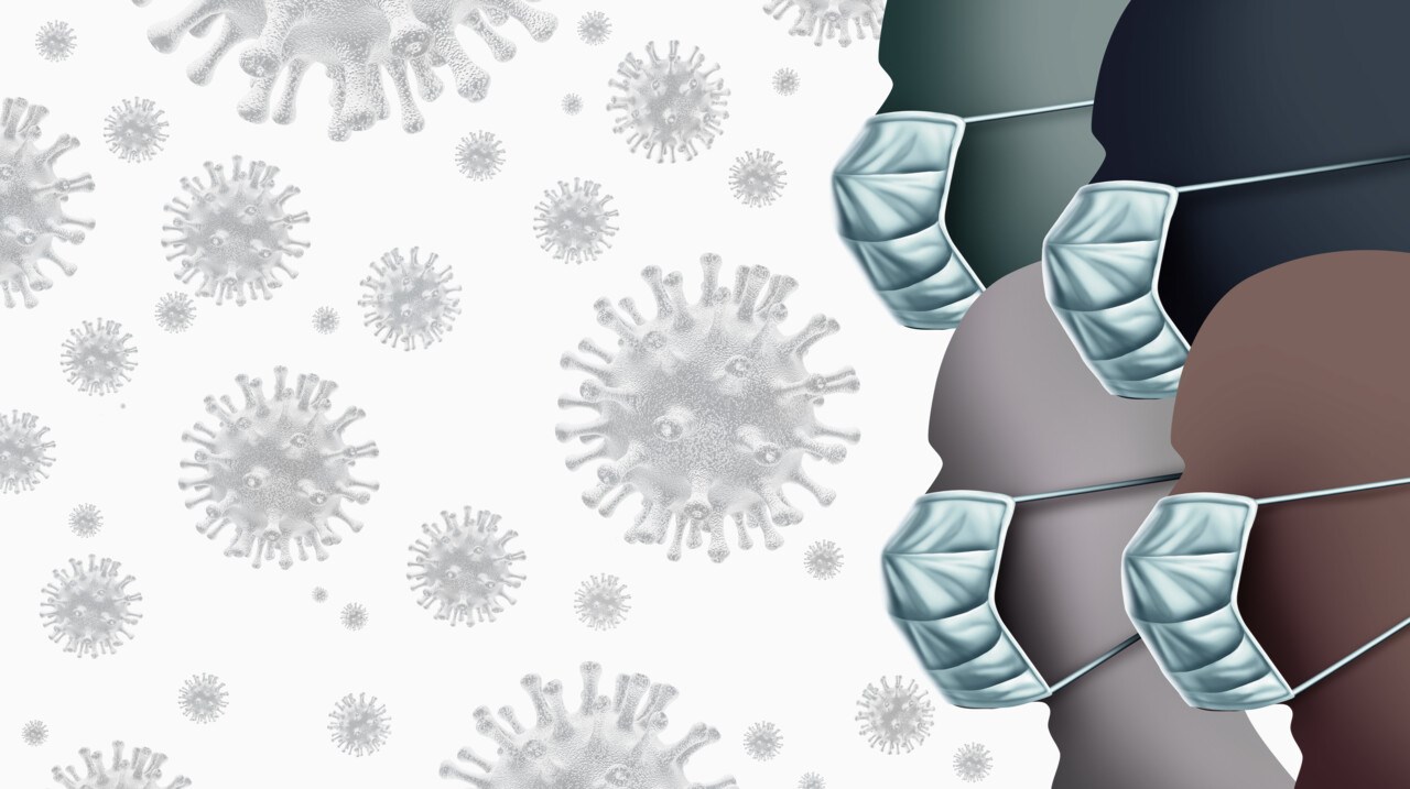 Grafisk illustration av virus i luften och personer med munskydd