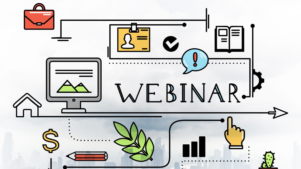 Illustration med olika symboler och pilar som ska visualisera webinar.
