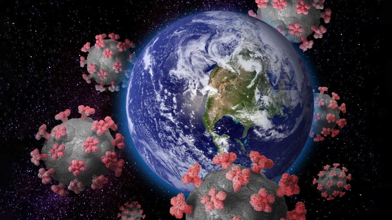 Jorden med animerade coronavirus runtom för att illustrera coronapandemin och virusets spridning.