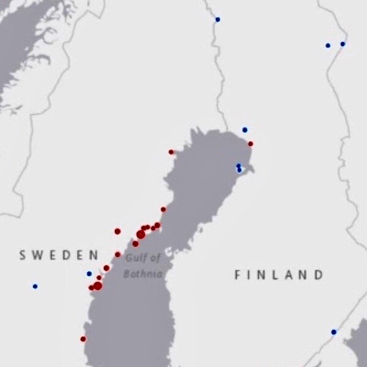 Shows a clipart of a larger map in gray and white over northern Scandinavia, with red and blue dots