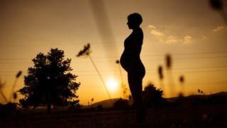 Gravid kvinna i solnedgång