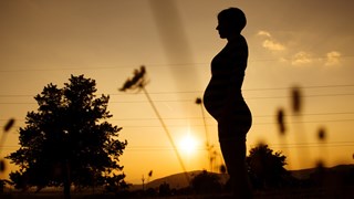 Silhuett av gravid kvinna i solnedgång.