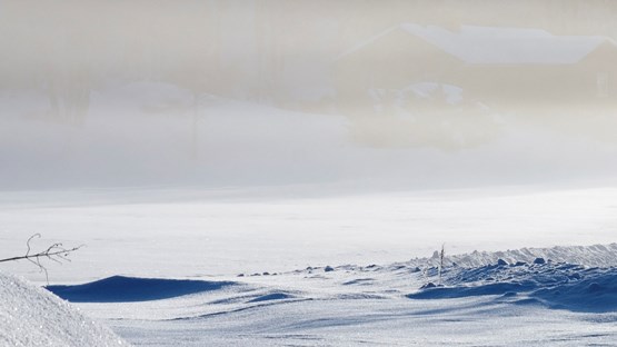 Snowy landscape with buildings covered behind snow fog