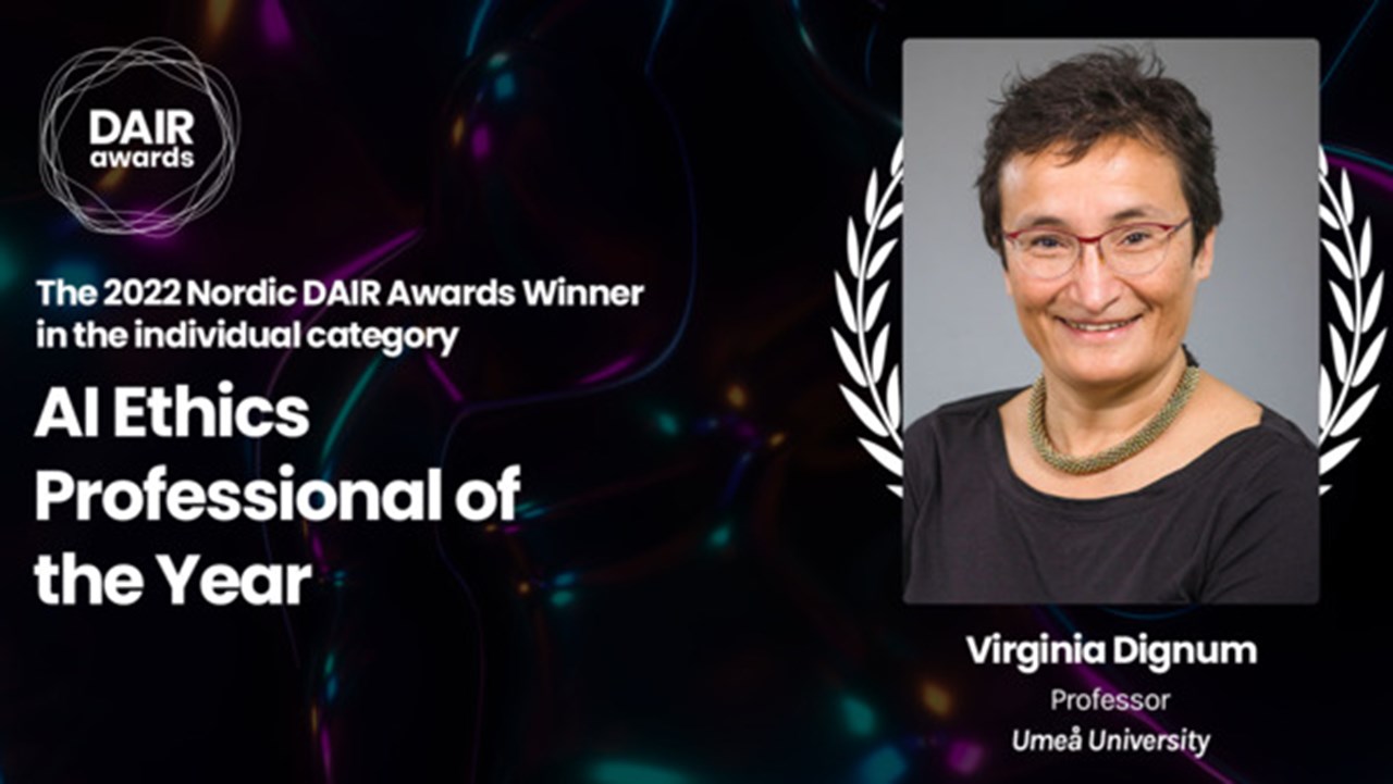 Bild på Virginia Dignum och text på engelska som lyder, årets DAIR vinner i den individuella kategorin årets professionella AI-etiker