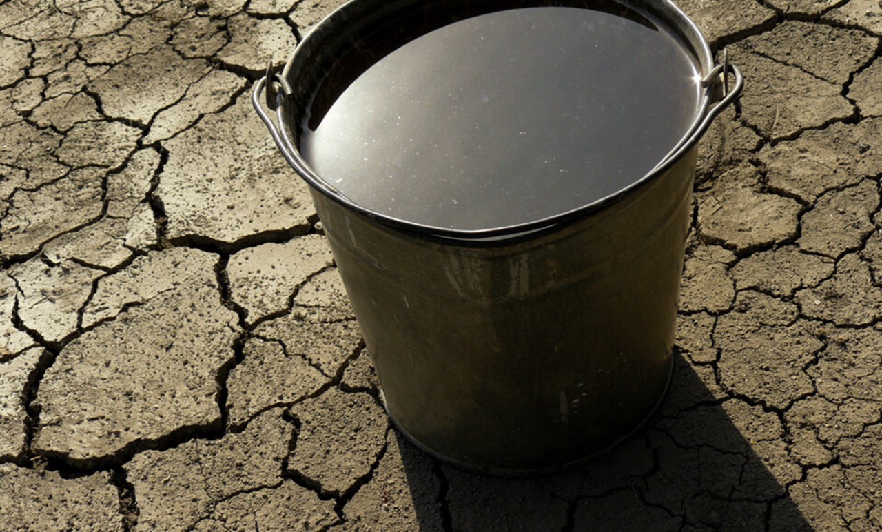 Hink med vatten på söndertorkad mark som illustration av klimatförändringarna.