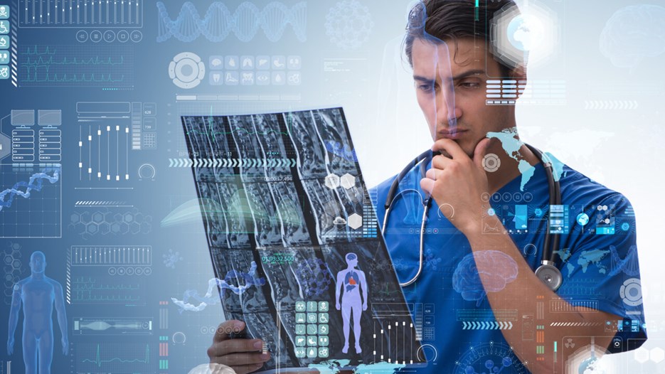 Bilden är en illustration på en läkare som står med röntgenplåtar med digitala och tekniska symboler.
