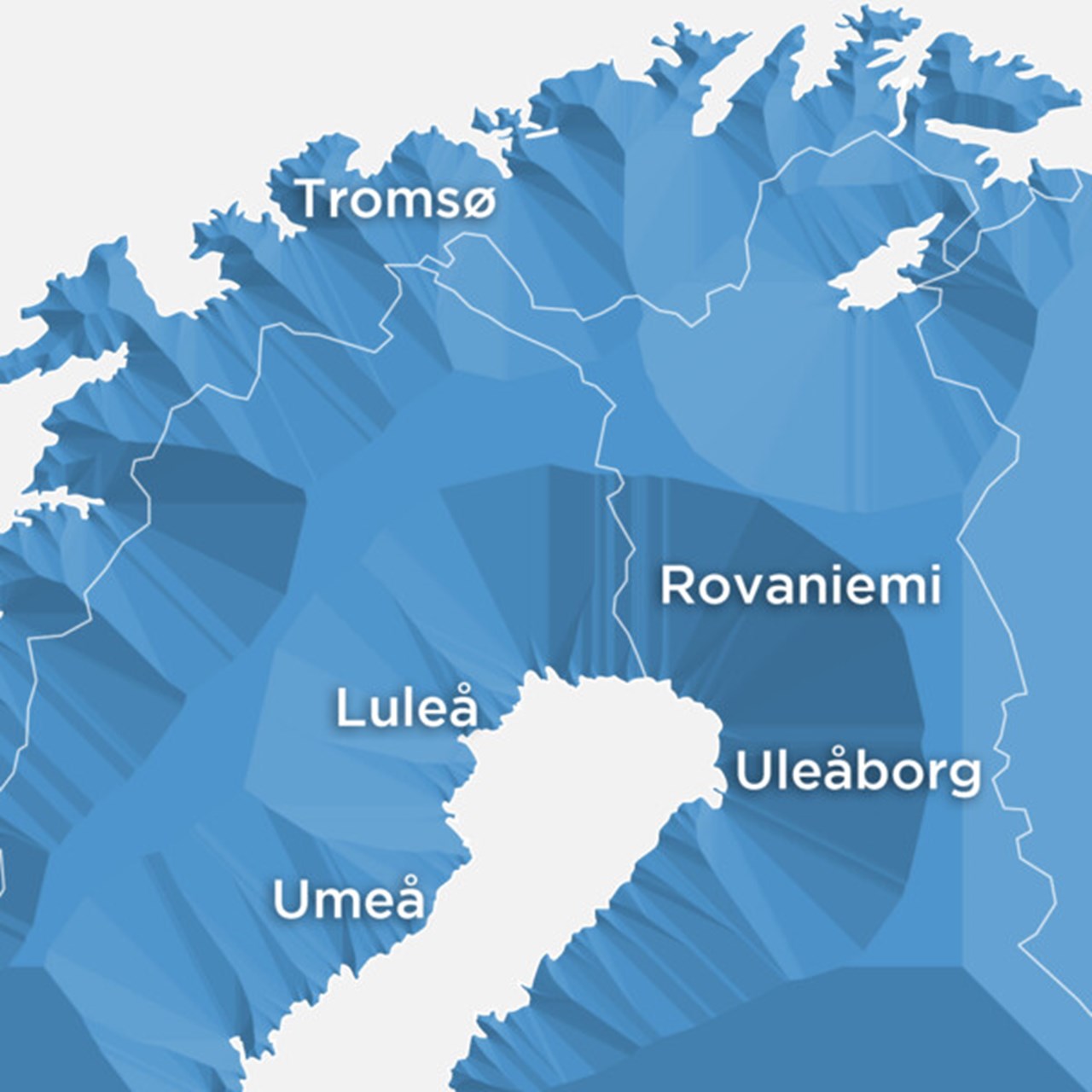 Karta över norra Sverige, Norge och Finland med städerna Umeå, Luleå, Tromsö, Rovaniemi och Uleåborg markerade