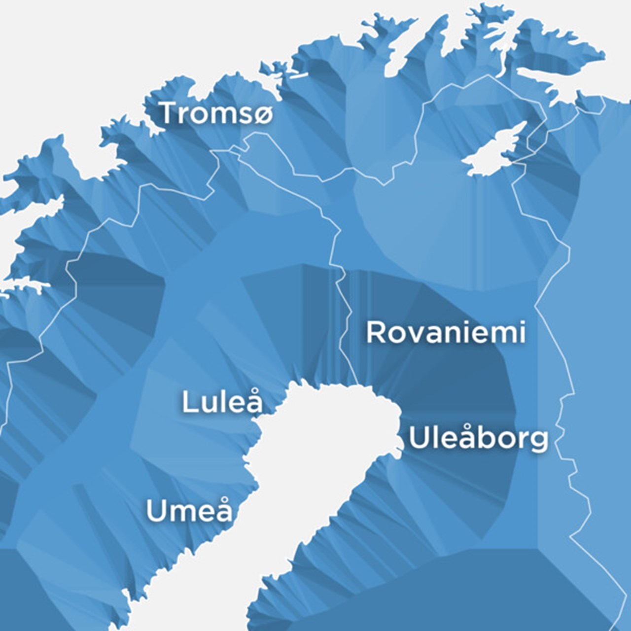 Map of northern Sweden, Norway and Finland with the cities of Umeå, Luleå, Tromsö, Rovaniemi and Oulu marked