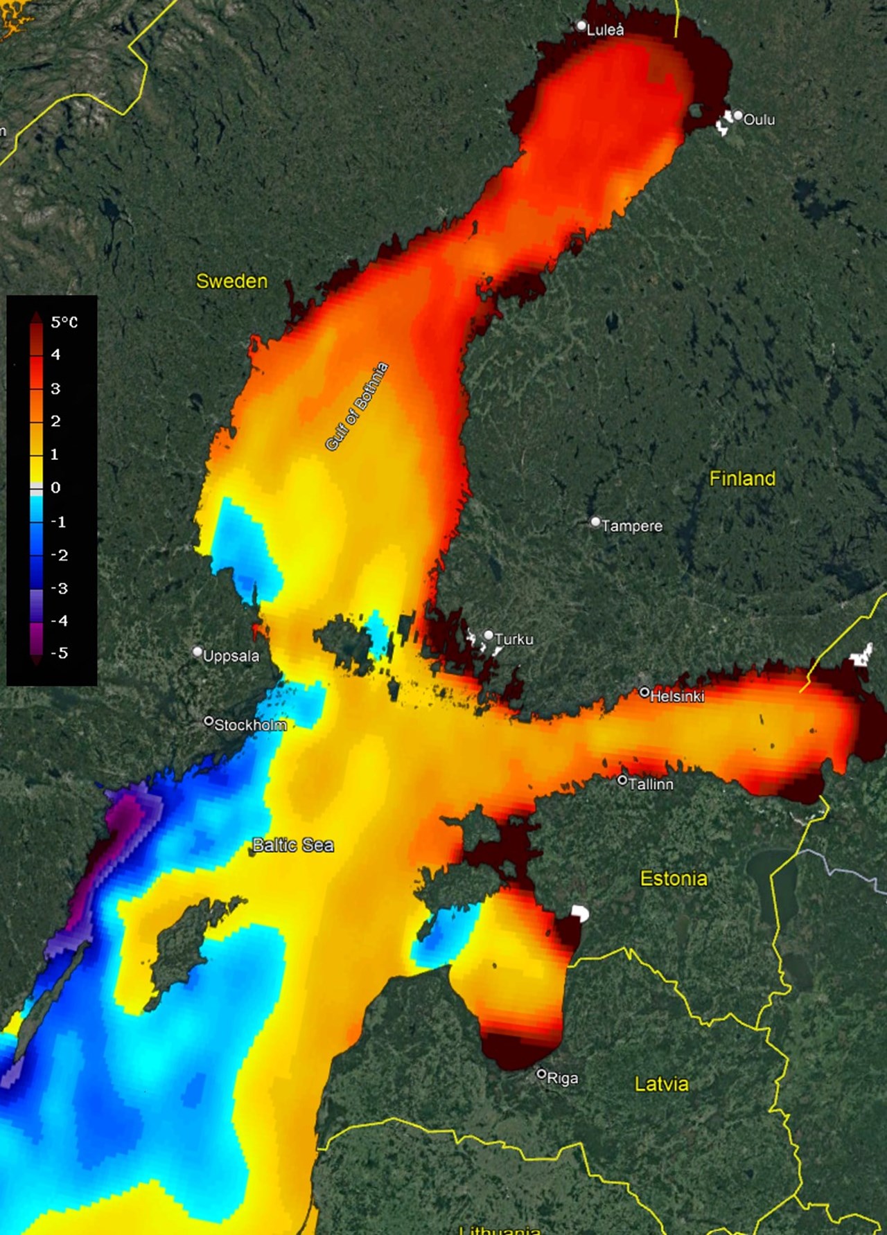 Map showing heatwave temperatures above average in the Baltic Sea.