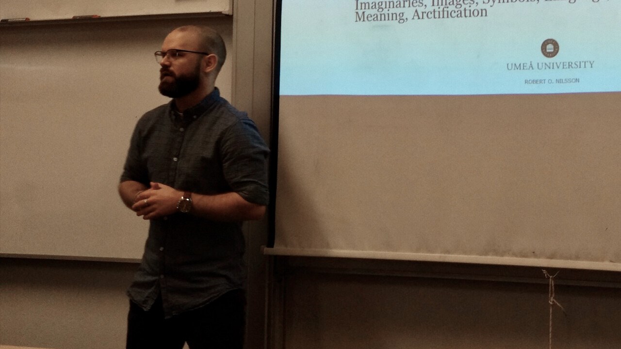 Photo of Robert O. Nilsson is a PhD student at the Department of Geography and part of Arcum's Board of Directors, at a lecture in Iceland.