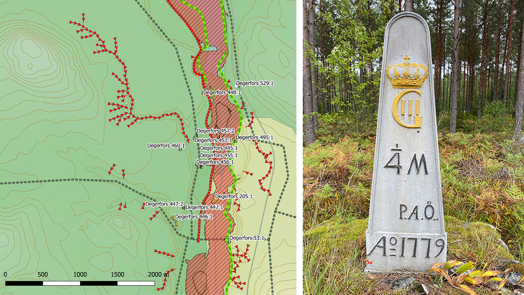 Collage of a map and a photo of a undamaged milestone