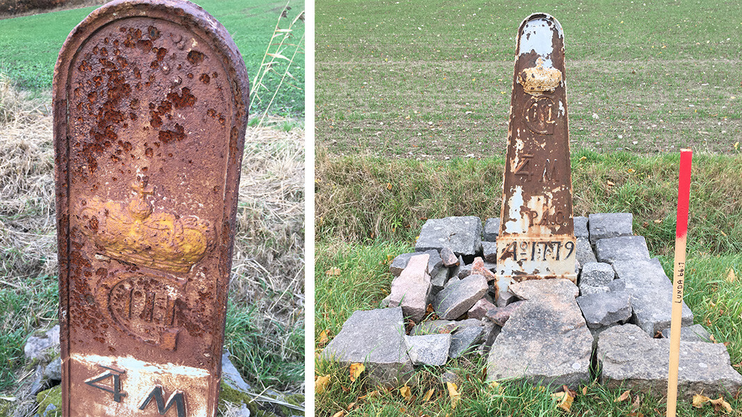 Two photos showing two separate milestones damaged and rusty.