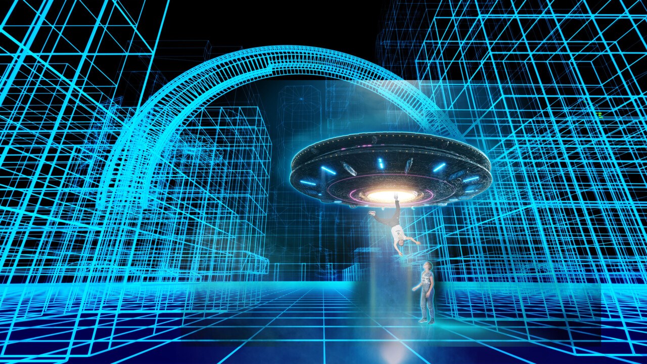 Ett flygande tefat svävar genom ett wireframe-landskap. Under UFO:t hänger ett barn upp och ner med ena foten i UFOT. På marken står ett annat barn och tippar på.