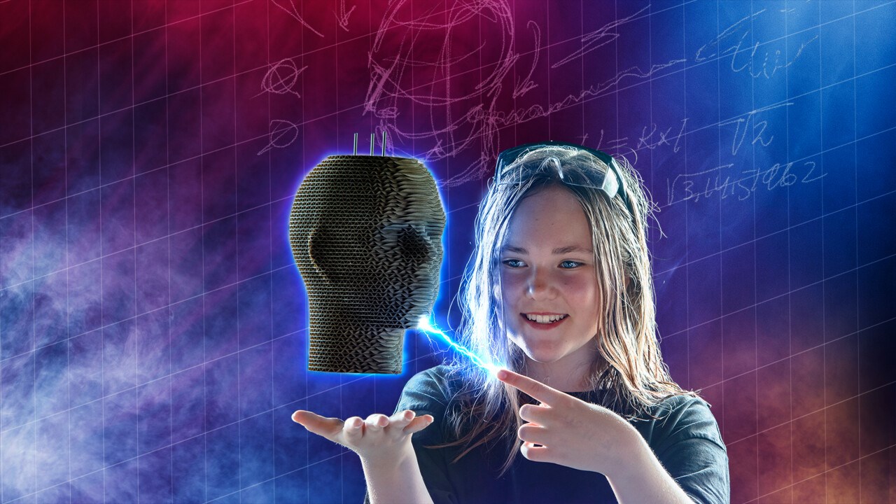 En flicka pekar på ett laserskuret huvuud som svävar över hennes högra hand. Mellan hennes vänsterhand och huvudet syns en gnista.