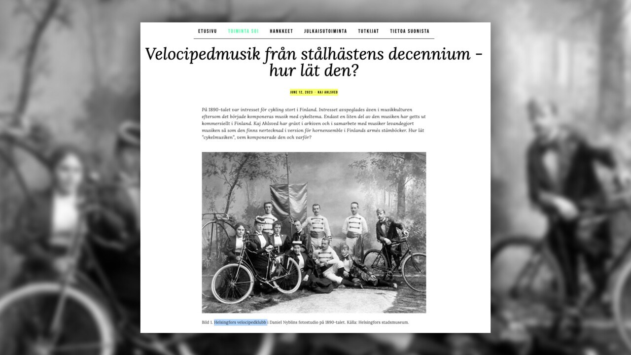Skärmavbild från en hemsida om cykelmusik