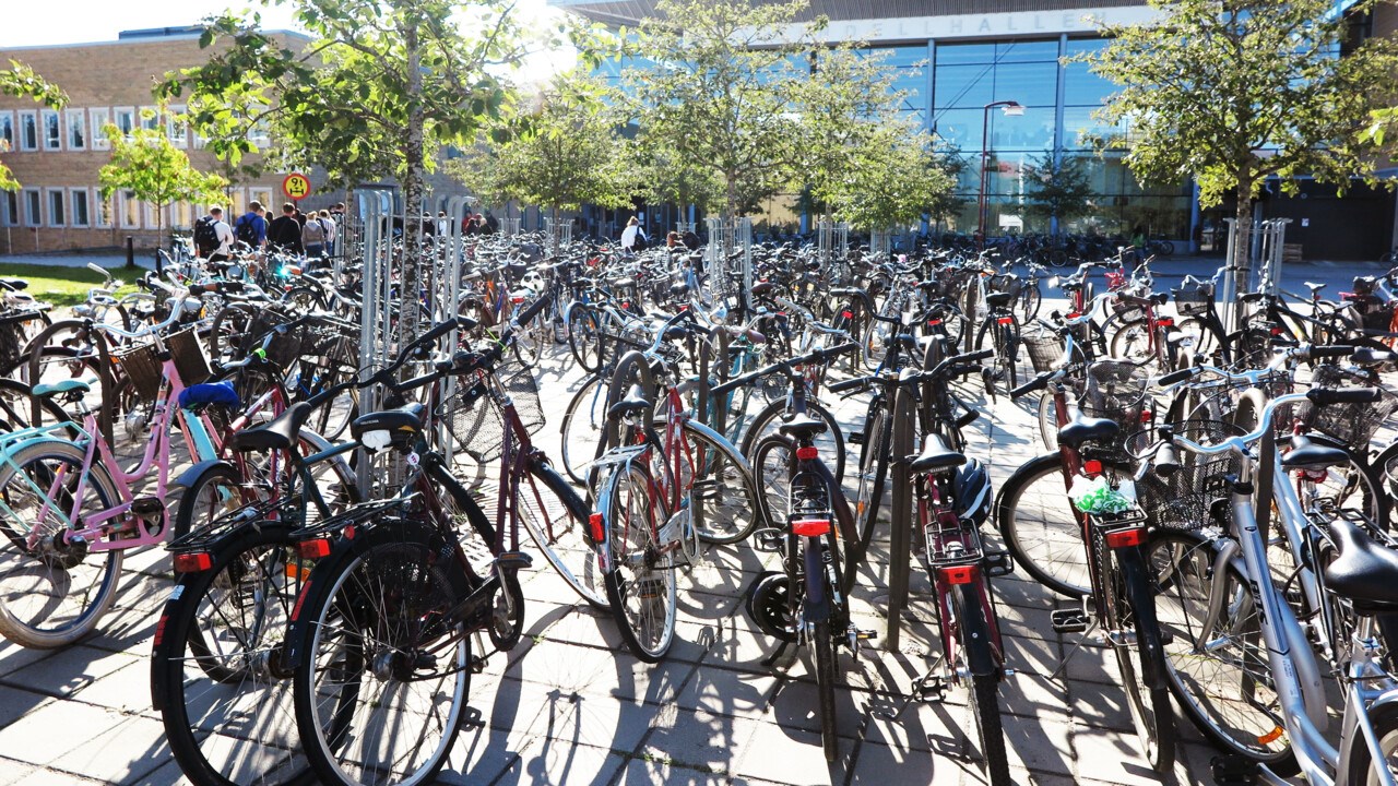 Hundratals cyklar ståendes på campus.