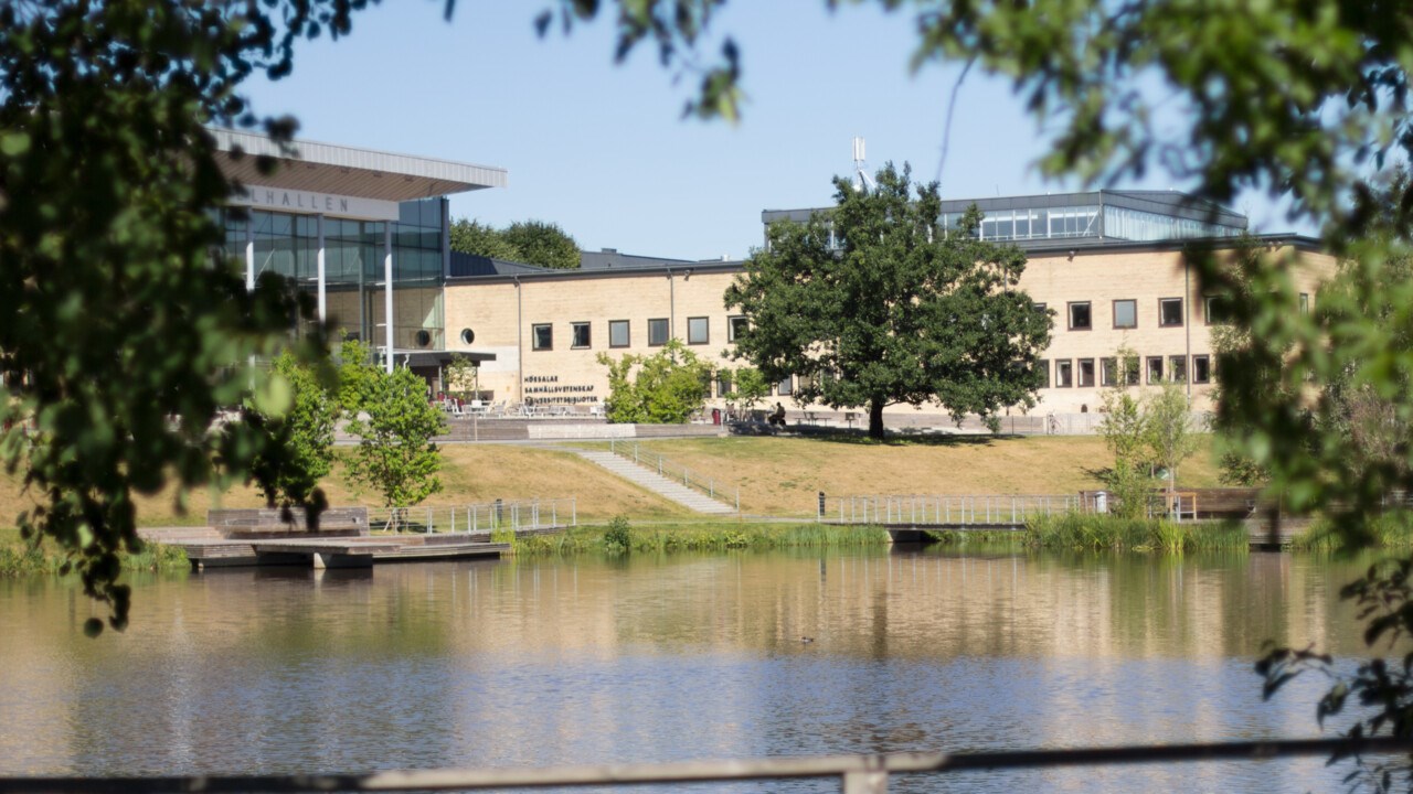 Universitetsbiblioteket och campusdammen en sommardag.