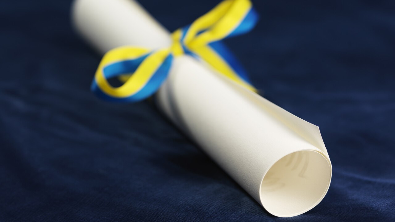 A rolled up diploma tied with a blue-yellow ribbon