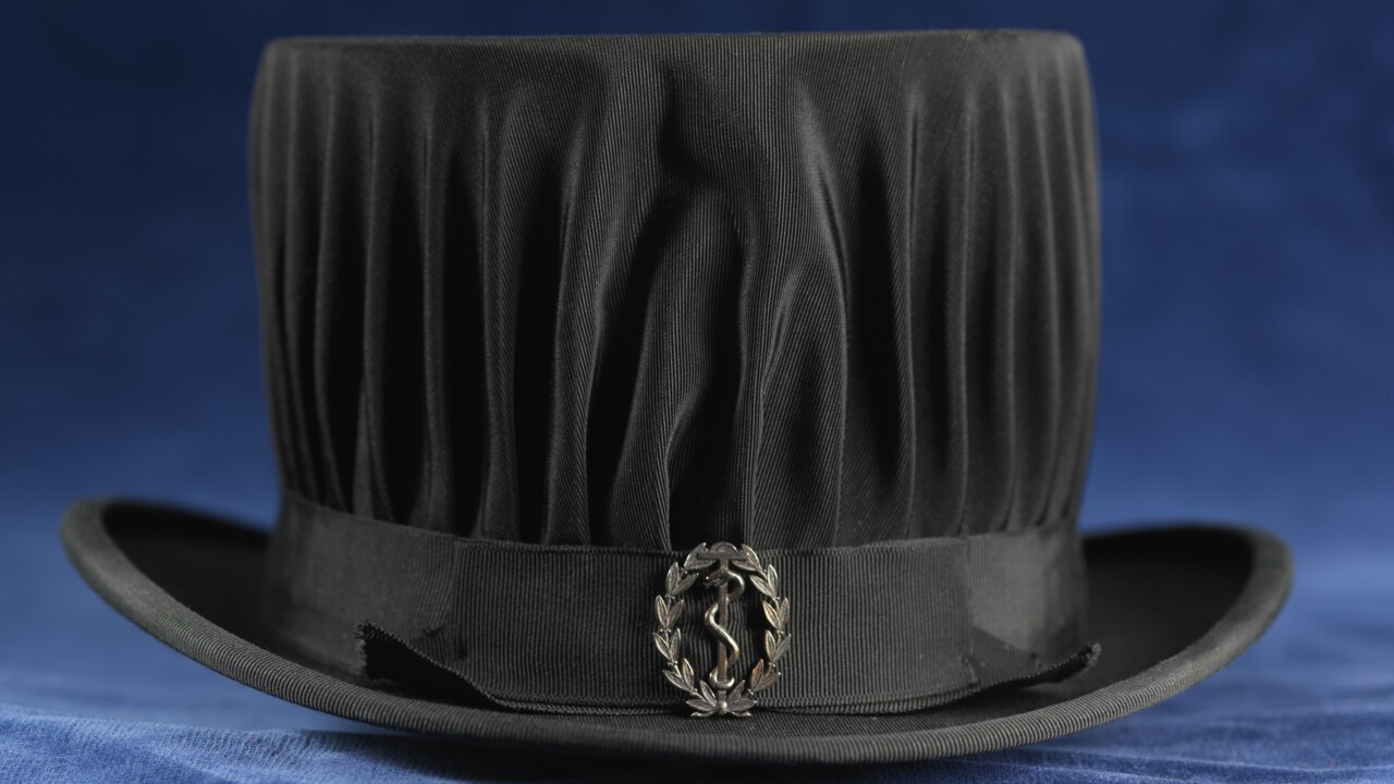 A black, pleated, high doctoral hat with the a hat mark, which is a laurel wreath with a snake crawling up a T-cross inside