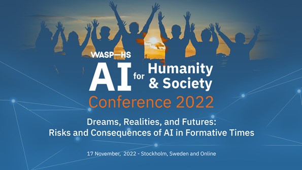 WASP-HS konferens AI för mänskligheten och samhället logotyp framför personer som hoppar glatt framför solnedgången