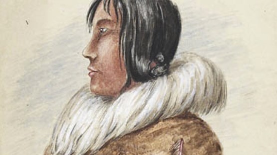 Watercolor painting from 1851 by Canadian natives. The picture shows a man with long, dark hair dressed in beige feathered leather jacket with white fur collar.