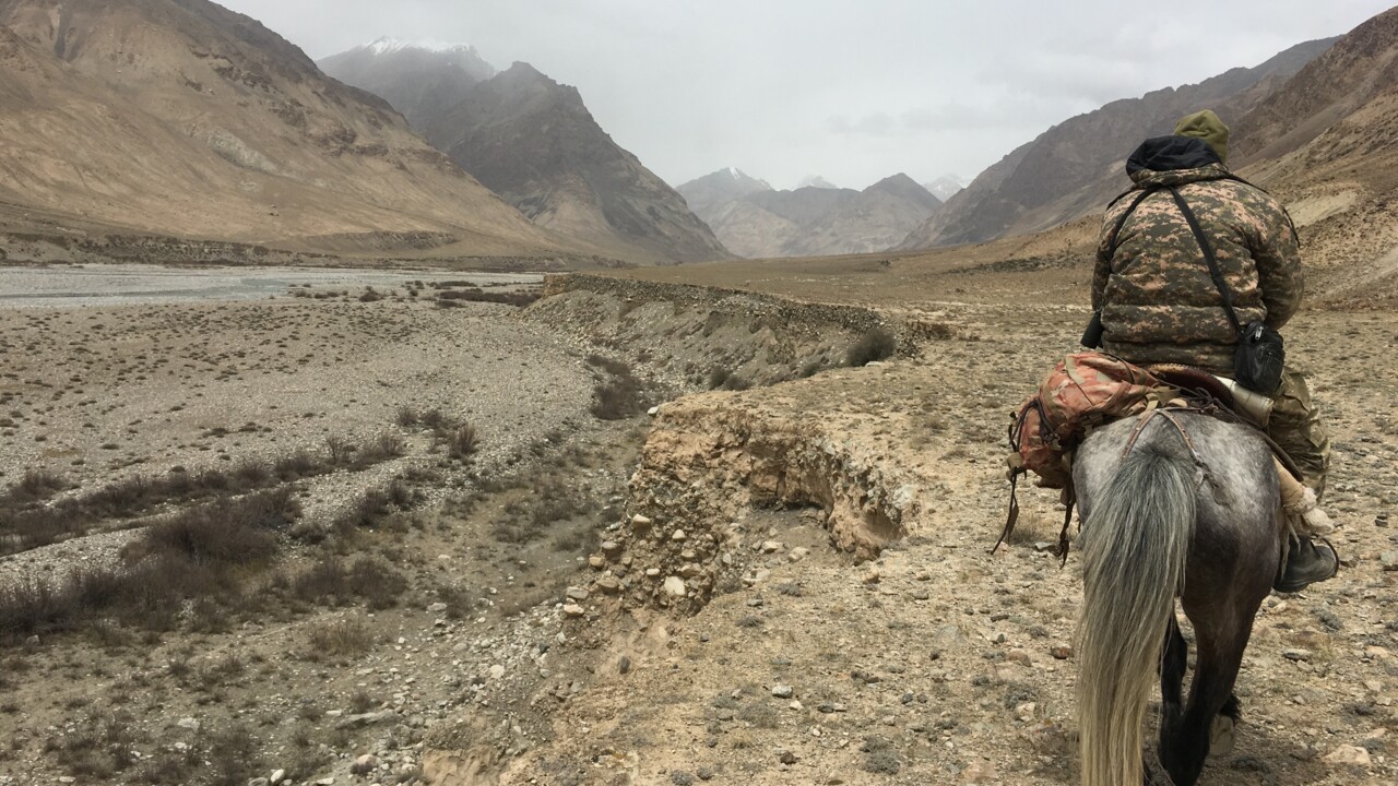 Bild på häst och ryttare i de kirgisiska bergen