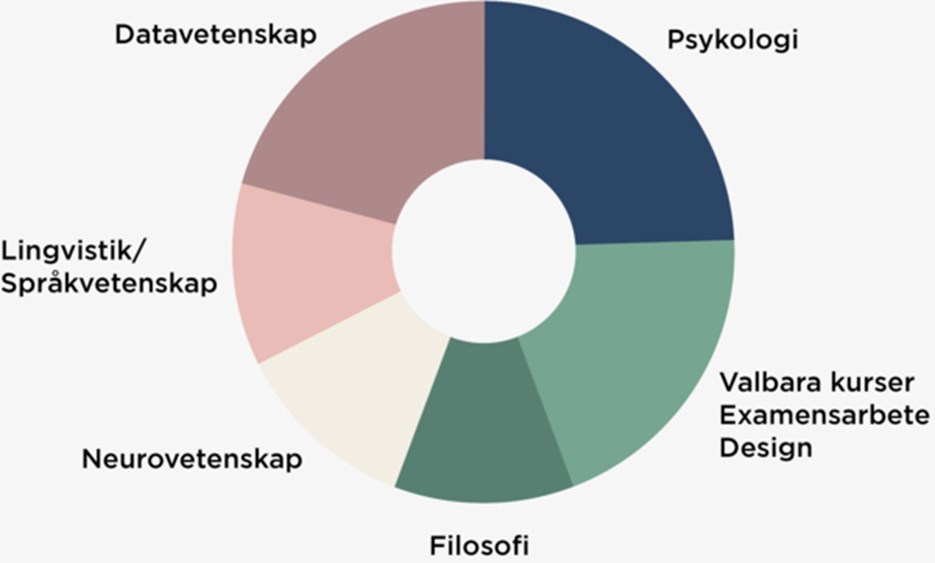 I Kandidatprogram för kognitionsvetenskap ingår 24 % av ämnet Psykologi, 20 % Datavetenskap, 12 % Filosofi, 12 % Lingvistik, 12 % Kognitiv neurovetenskap, 20 % Valbara kurser, Examensarbete och Design.