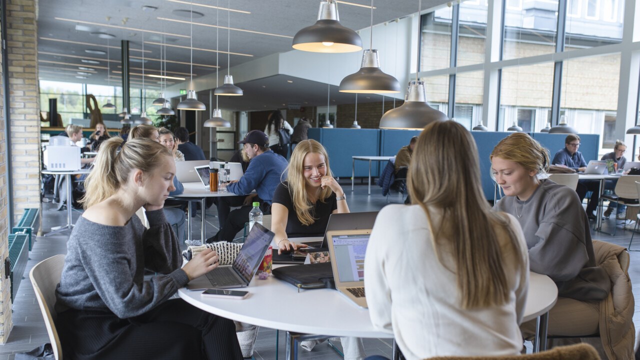 Studenter grupparbetar i Humanisthusets fik.