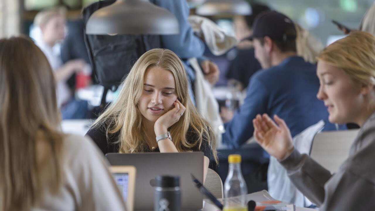 Studenter grupparbetar i Humanisthusets fik.