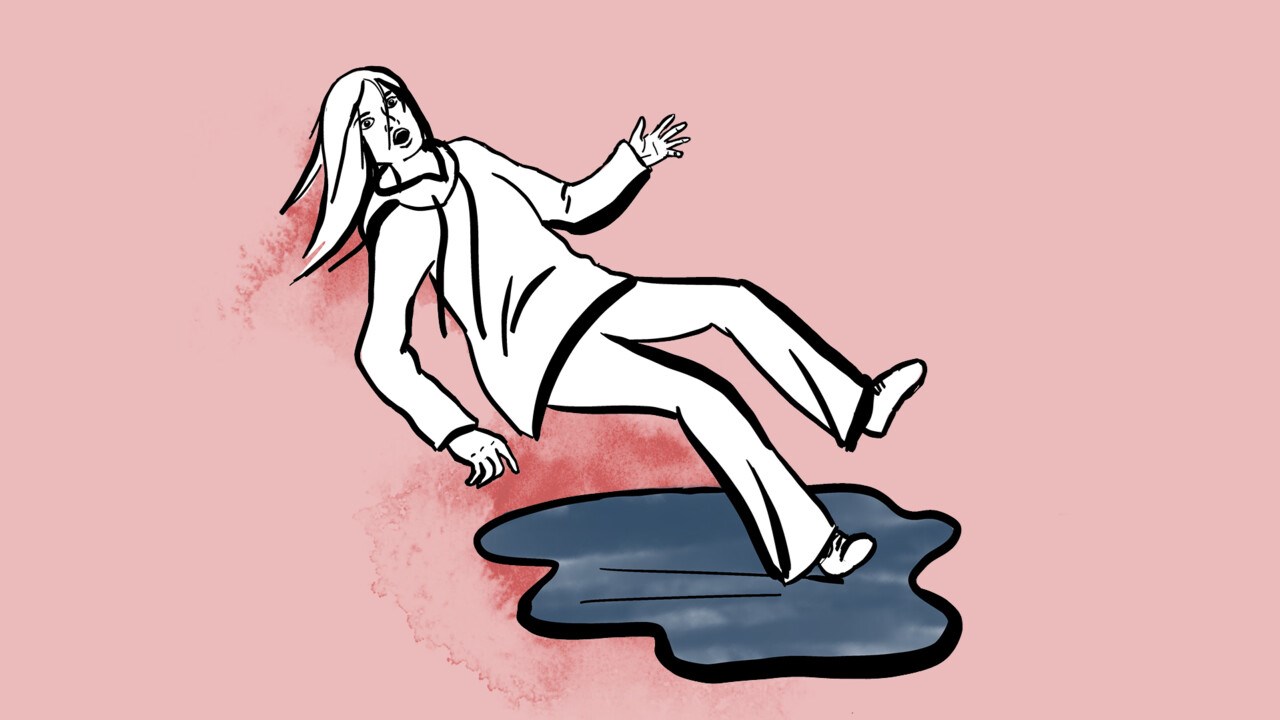Illustration, kvinna halkar på en isfläck eller vattenpöl