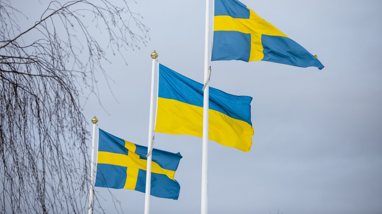 Swedish flags and an Ukrainian flag on Campus.