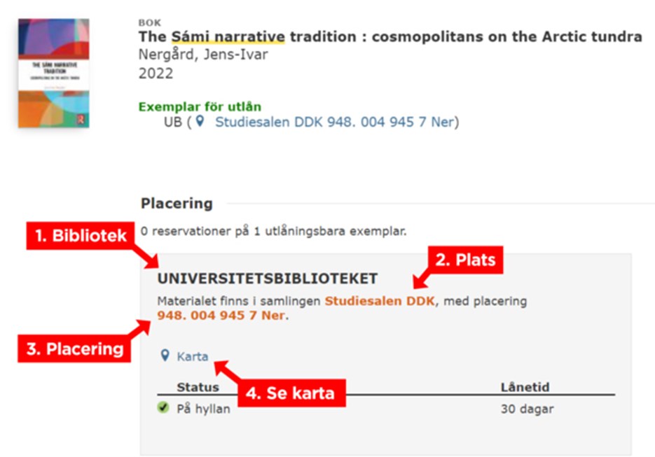 Skärmklipp som visar hur det ser ut i bibliotekets söktjänst när man har sökt upp en bok.