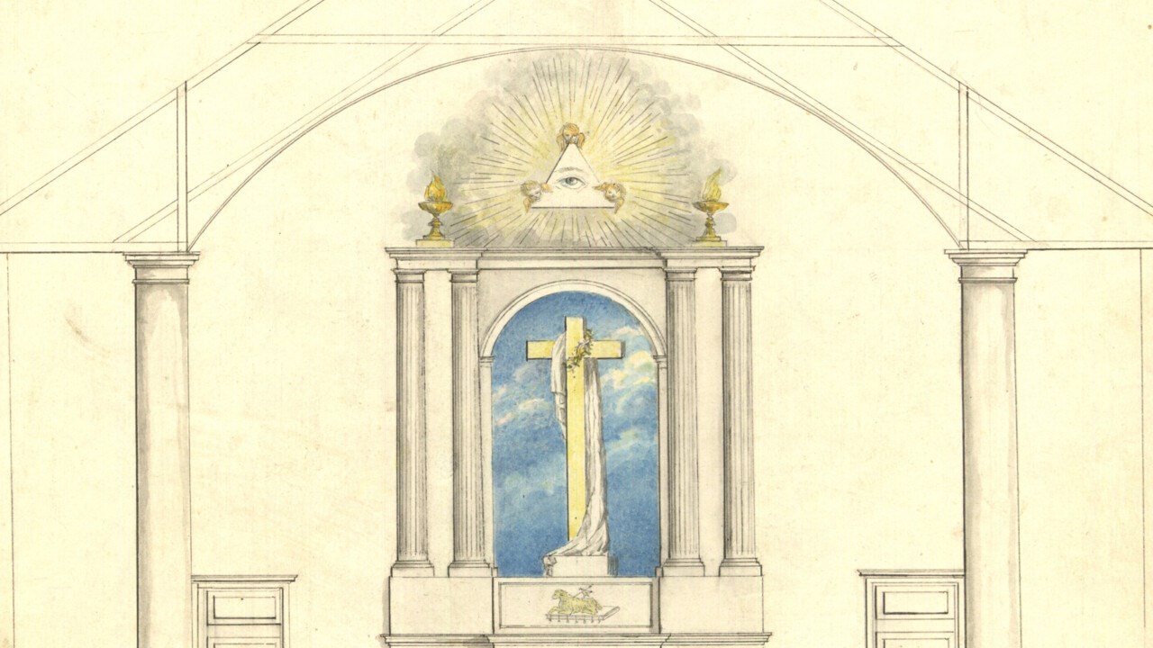 Tecknad bild av en del av Holmsunds kyrka.