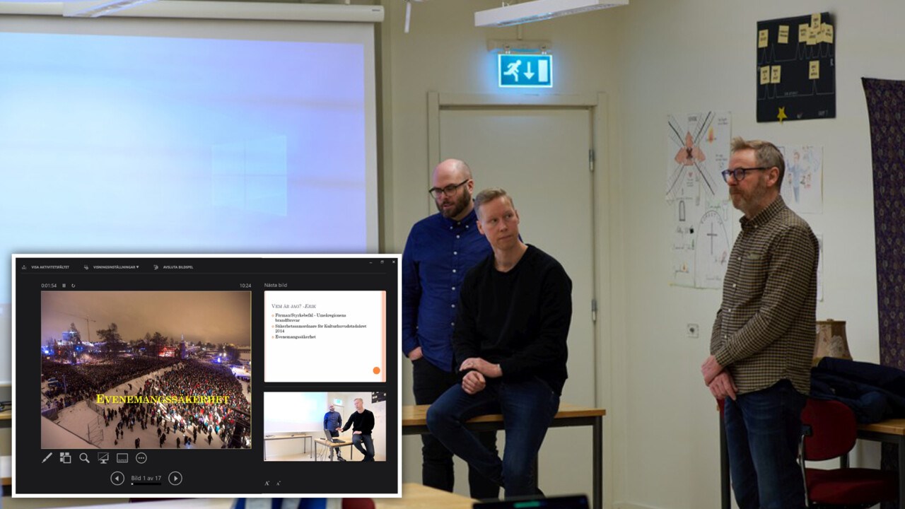 Bild från en hybridföreläsning med Kristoffer Bäckström och Erik Rahm, eventbolaget Humpab och lärare Per Holm.
