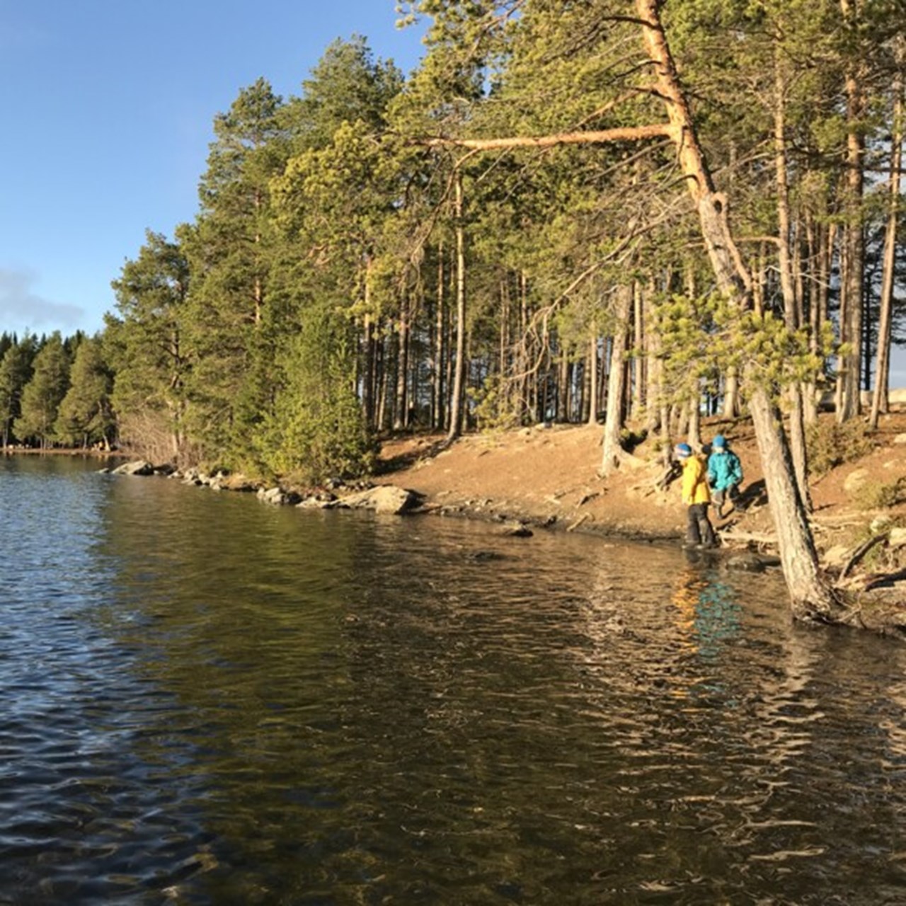 Naturbild tagen vid en sjö med två personer vid stranden.