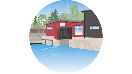 tecknad bild på ett båthus från vattnet