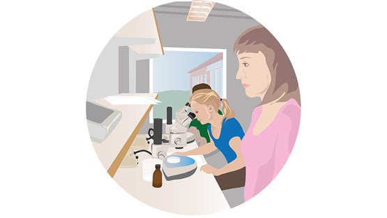 Illustration som visar studenter som arbetar med mikroskop i ett laboratorium