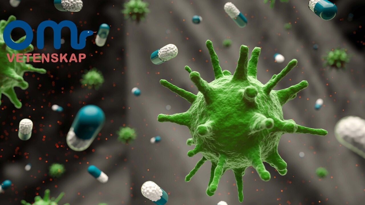 Teckning av grönt coronavirus omgivet av piller