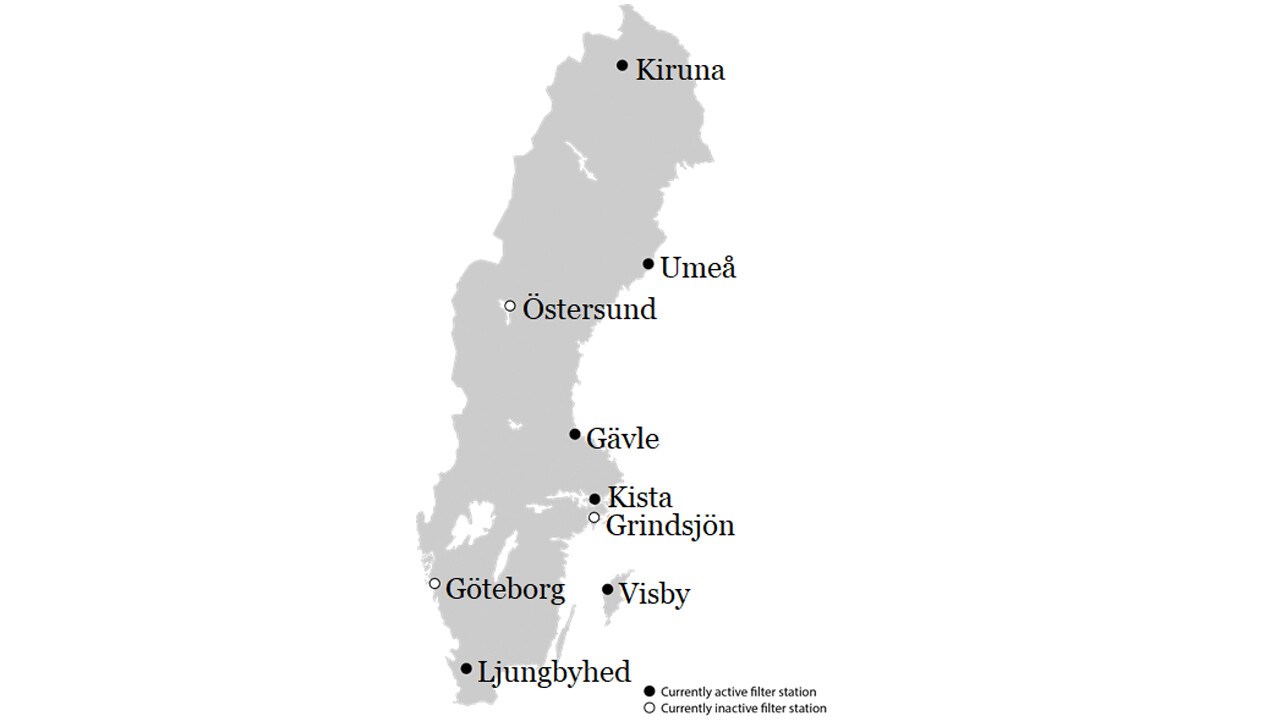 Map of air filter stations set up by FOI to monitor radioactive fallout. Those stations are Kiruna, Umeå , Östersund, Gävle, Kista, Grindsjön, Visby, Göteborg och Ljungbyhed.