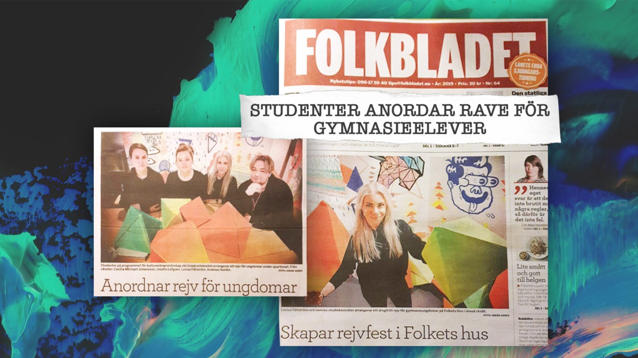 Kollage av tidningsurklipp som berättar om studenter vid Programmet för kulturentreprenörskap.